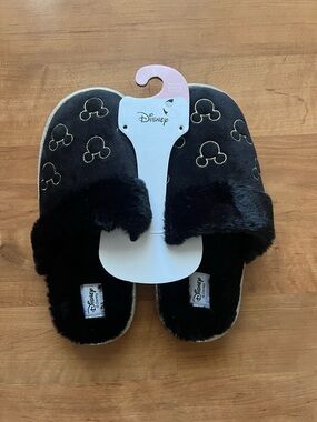 Disney Black Slippers with Gold Mickey Embroidery